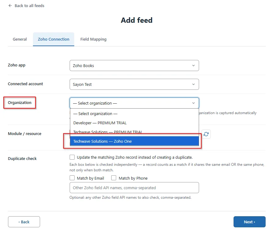 Zoho CRM 15 Select Organization- Formidable Forms Zoho Books Integration
