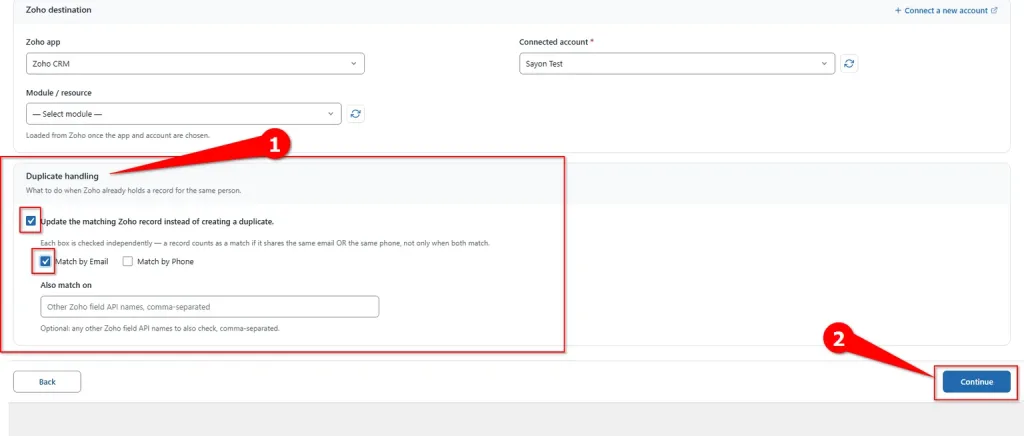 WordPress to Zoho CRM Integration 4 Configuring Zoho CRM duplicate record handling – FormBridge for Zoho