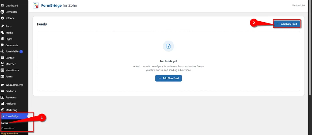 Fluent Forms 11 Gravity Forms Zoho Integration - Add New Feed in FormBridge