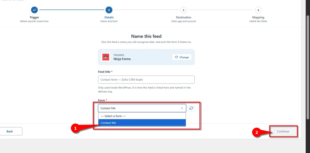 Ninja Forms Zoho Integration- Select Ninja Forms from dropdown