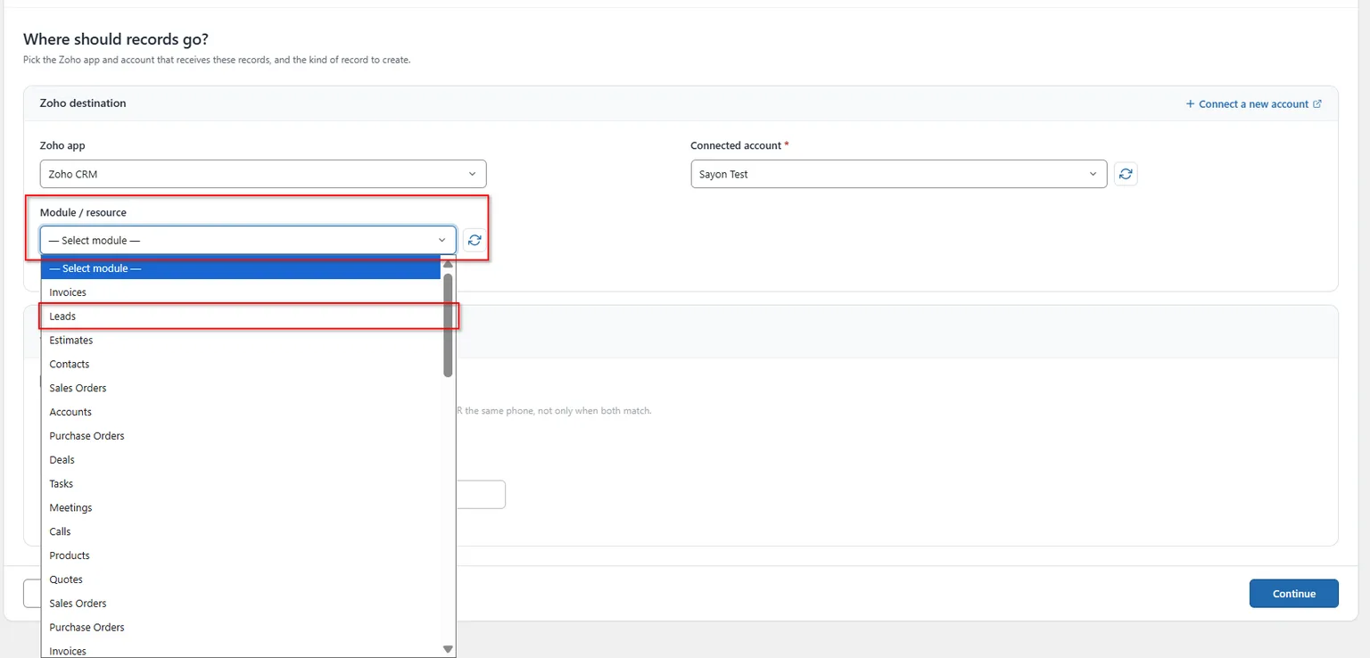 WordPress to Zoho CRM Integration 3 Selecting the Leads module in Zoho CRM – FormBridge for Zoho
