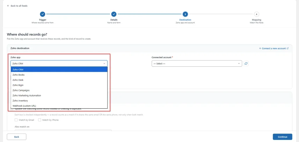 WordPress to Zoho Books Integration: Create and Manage Records Automatically 1 Selecting Zoho CRM as the destination-FormBridge for Zoho