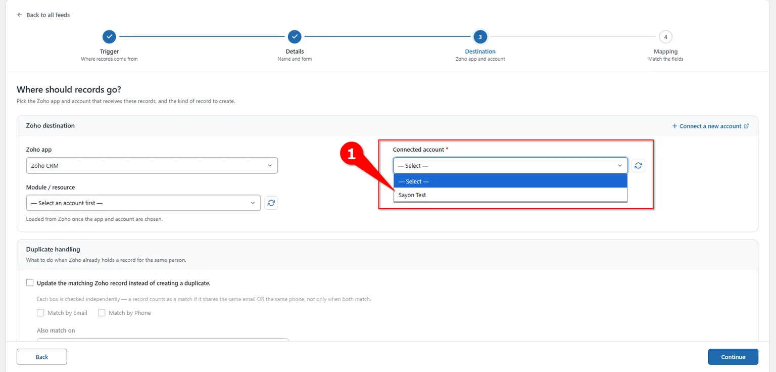 WordPress to Zoho CRM Integration 2 Choosing authorised Zoho account integration settings – FormBridge for Zoho