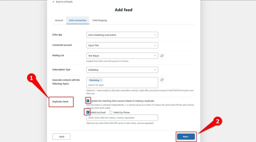 Duplicate check settings for Zoho Marketing Automation leads in FormBridge for Zoho
