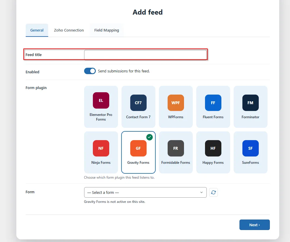 Gravity Forms Zoho Bigin Integration: Connect and Create Leads Automatically. 1 Feed title-Gravity Forms Zoho Bigin Integration