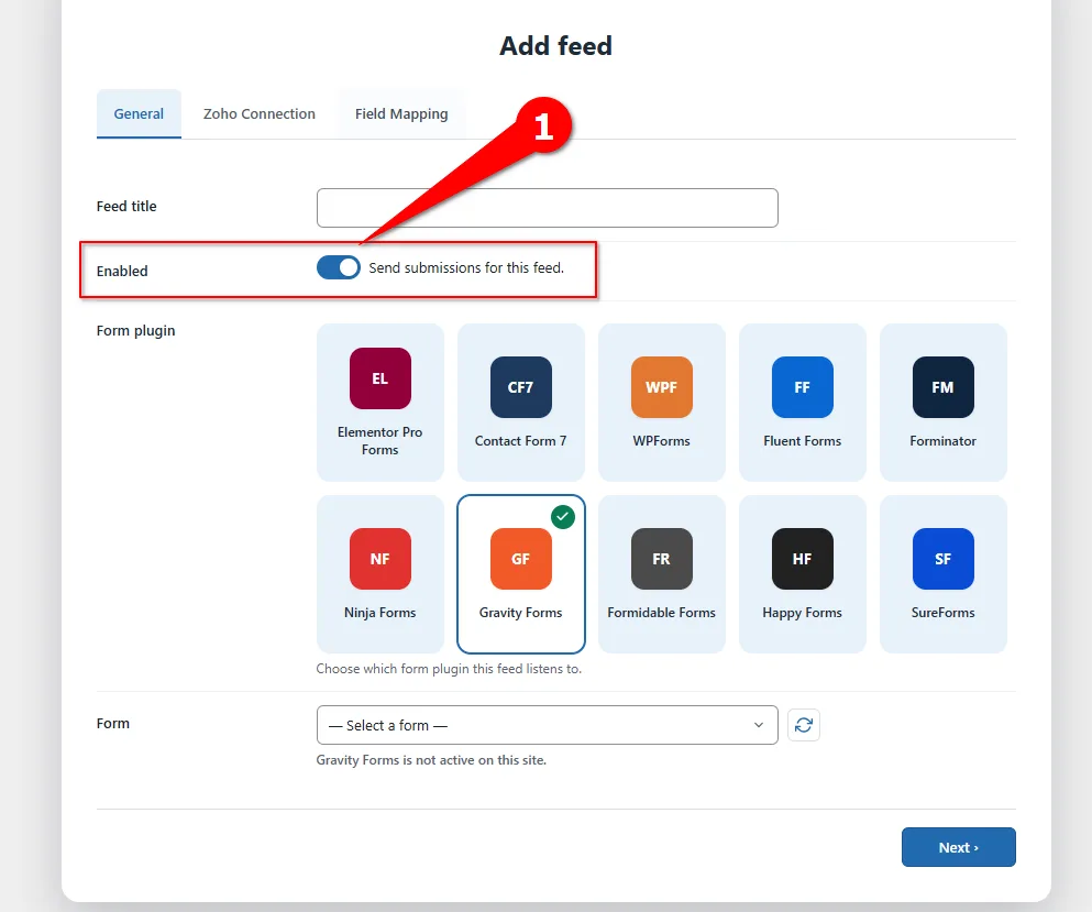 Gravity Forms Zoho Bigin Integration: Connect and Create Leads Automatically. 3 Select enabled- Gravity Forms Zoho Bigin Integration