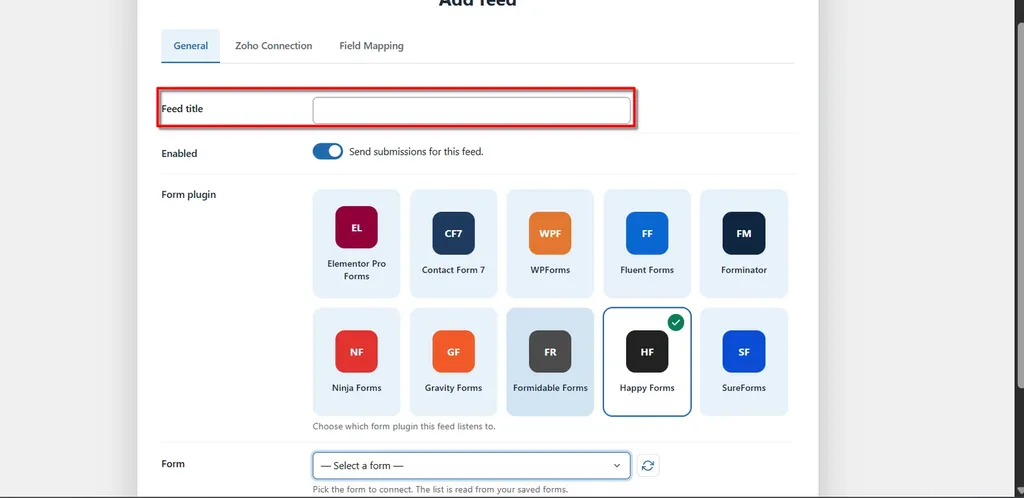 Happy Forms Zoho Books Integration: Connect and Create Customer Automatically. 1 Feed title- Happy Forms Zoho Books Integration
