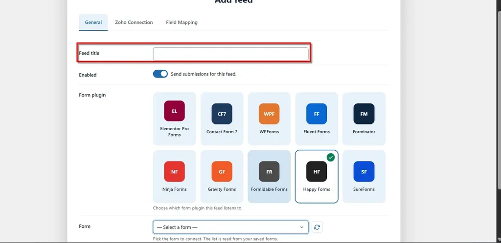 Happy Forms Zoho Campaigns Integration: Connect and Create Leads Automatically. 1 Feed title- Happy Forms Zoho Campaigns Integration