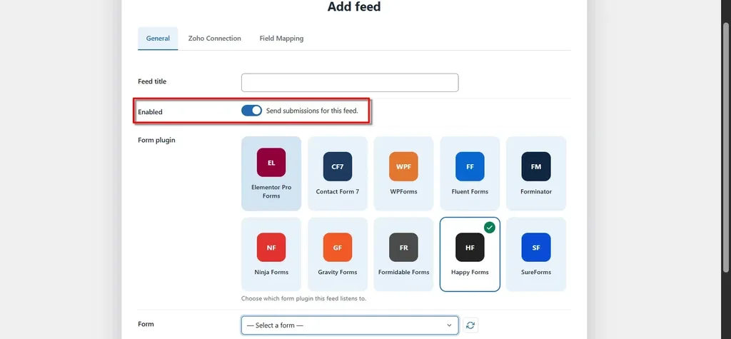 Happy Forms Zoho Campaigns Integration: Connect and Create Leads Automatically. 3 Select enabled- Happy Forms Zoho Campaigns Integration