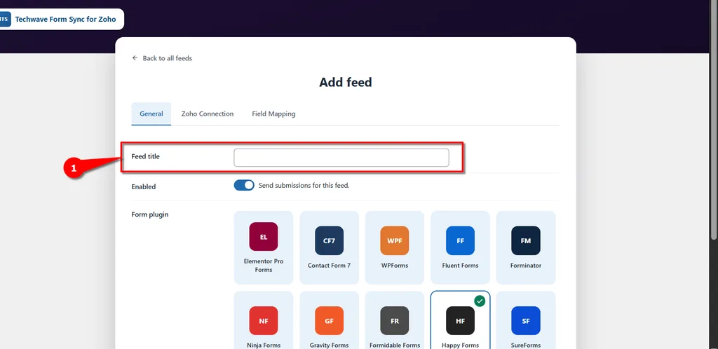 Happy Forms Zoho Bigin Integration: Connect and Create Leads Automatically. 1 Feed title- Happy Forms Zoho Bigin Integration