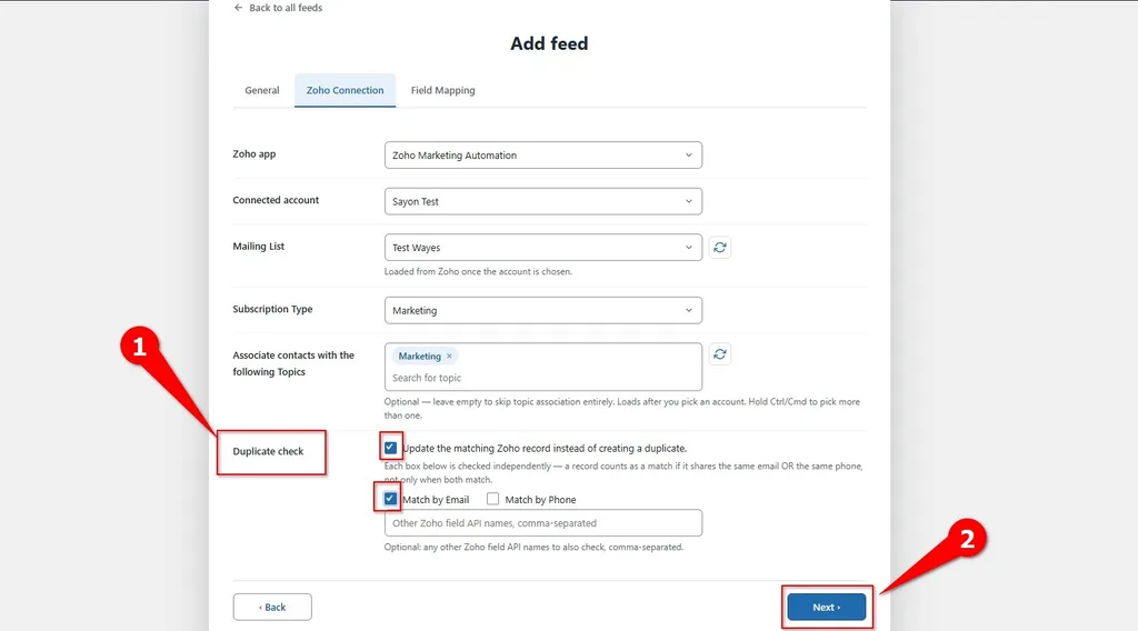 Duplicate check- Forminator Forms Zoho Marketing Automation Integration