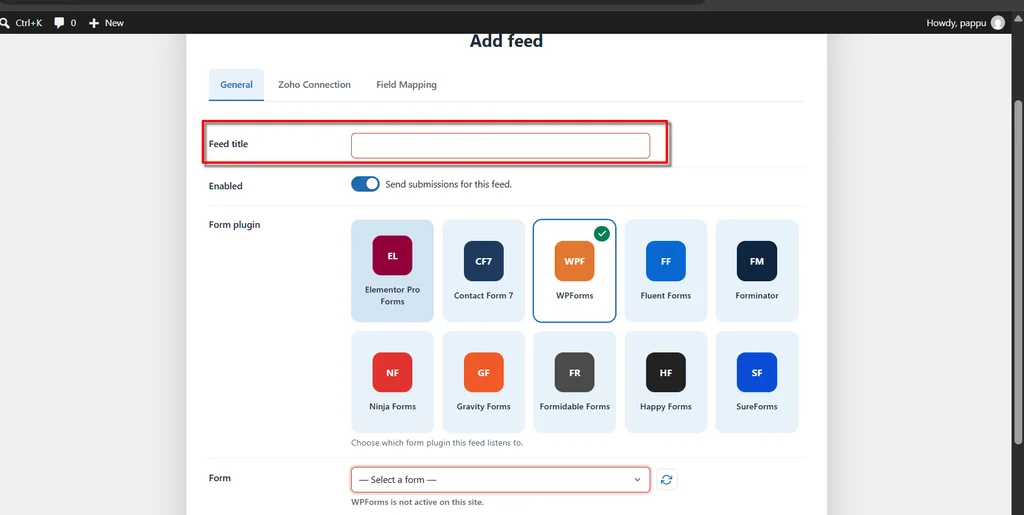 WPForms Zoho Marketing Automation Integration: Connect and Create Leads Automatically. 1 Feed title- WPForms Zoho Marketing Automation Integration