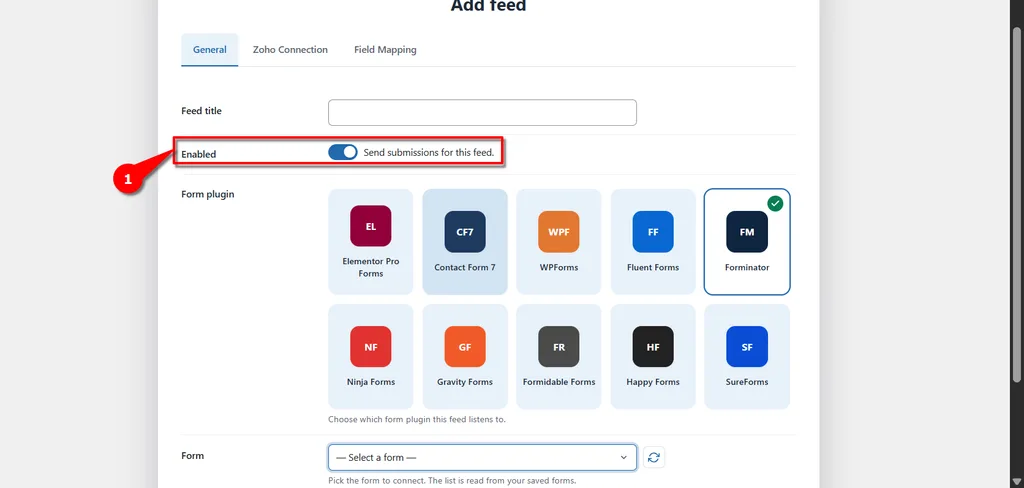 Forminator Forms Zoho CRM Integration: Connect and Create Leads Automatically. 3 Select Enabled- Forminator Forms Zoho CRM Integration