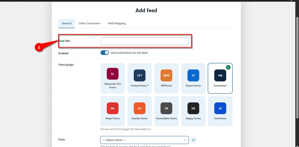 Forminator Forms Zoho Desk Integration: Connect and Create Customer Automatically. 1 Feed title- Forminator Forms Zoho Desk Integration