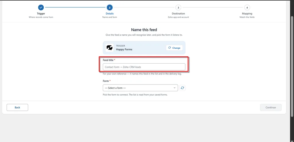 Fluent Forms 13 HappyForms Zoho Integration - naming the feed and selecting Happy Forms in FormBridge for Zoho