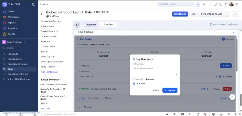 Stop Guessing Where the Hours Went — Track Time Right Inside Zoho CRM 5 lof modal