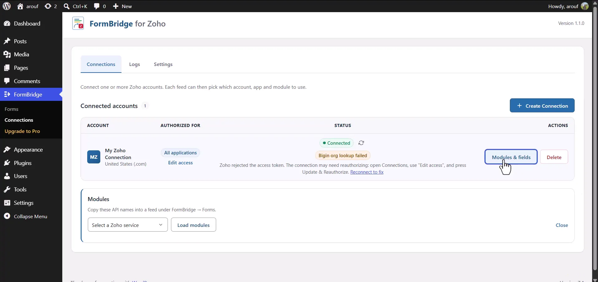 Zoho Connection 11 Connected Zoho account in FormBridge showing the available Zoho modules