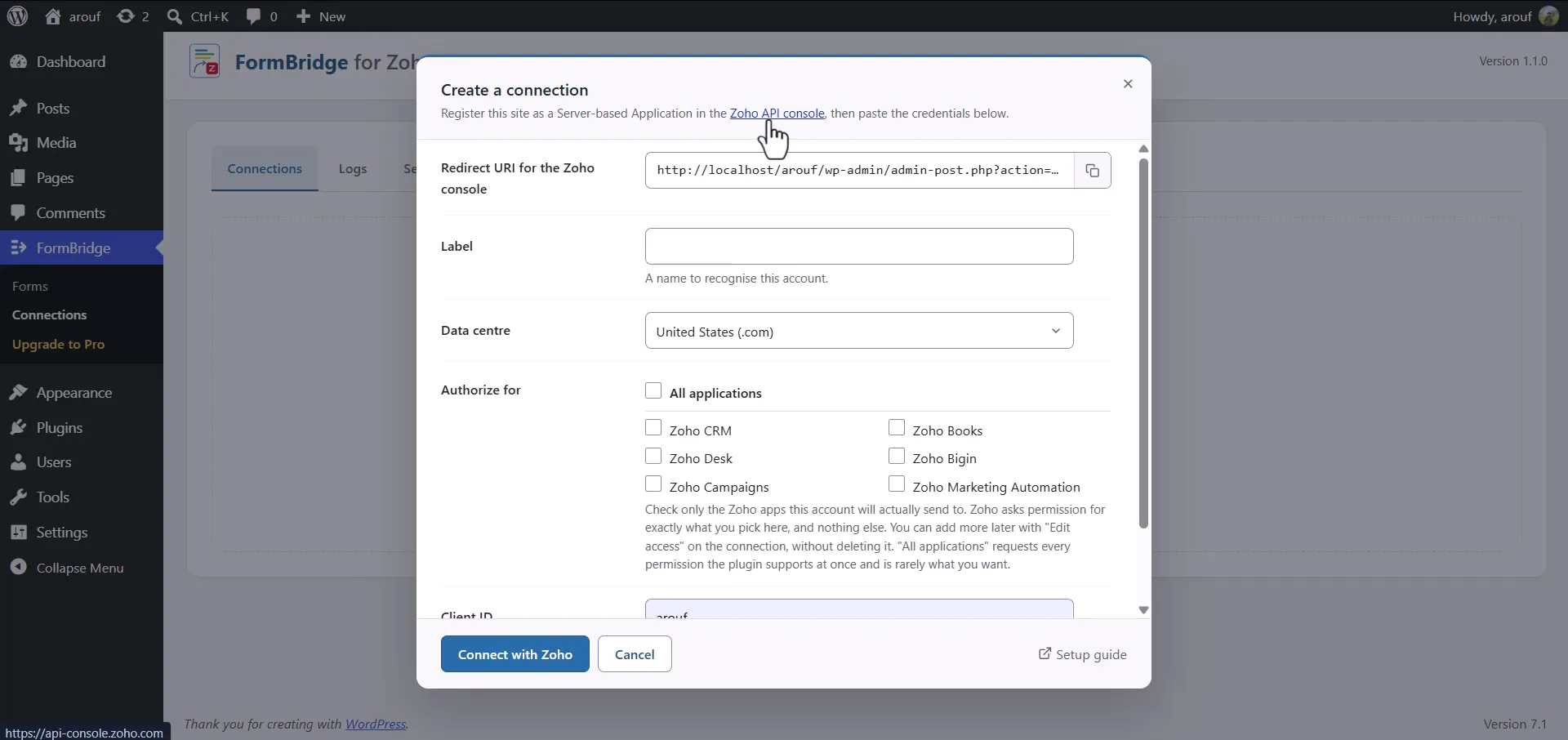 Zoho Connection 3 Create Connection pop-up in FormBridge showing the redirect URI and the Zoho API console link