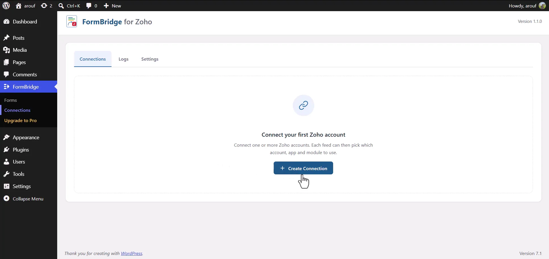Zoho Connection 2 Empty FormBridge Connections page showing the Create Connection button