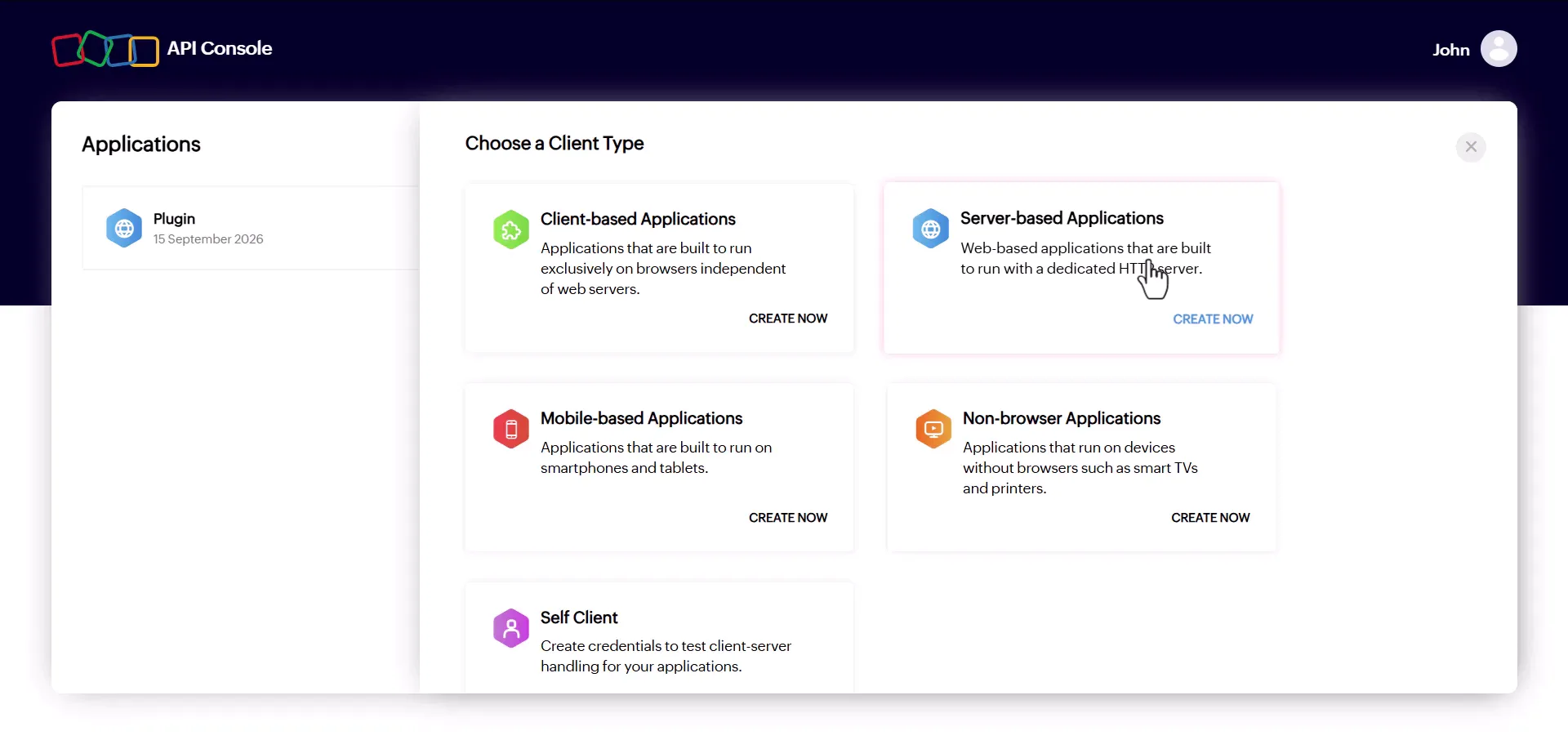 Zoho Connection 5 Server-based Applications selected as the client type in the Zoho API console