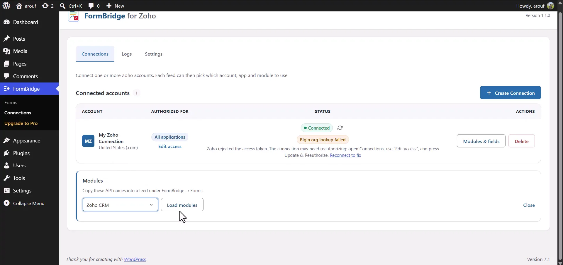 Zoho Connection 12 Zoho module fields loaded in FormBridge to confirm the connection works
