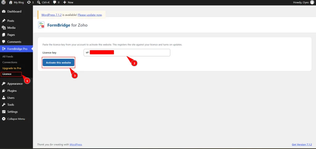 Pasting and activating the FormBridge for Zoho Pro license key in WordPress