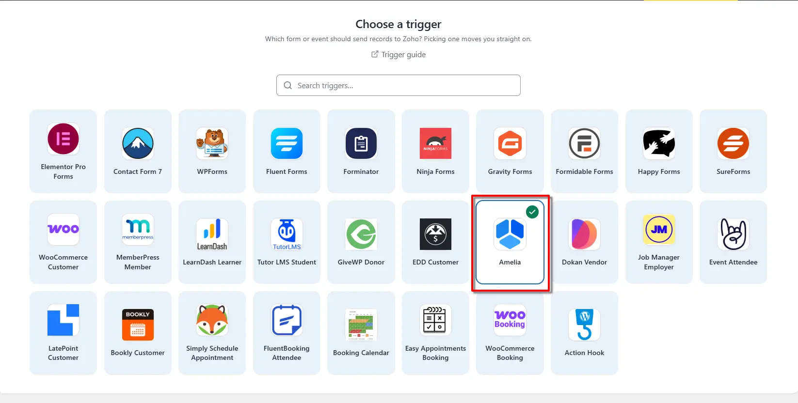 Amelia Zoho Integration: Send Customer Data to Zoho 2 Amelia selected as the trigger app in FormBridge for Zoho