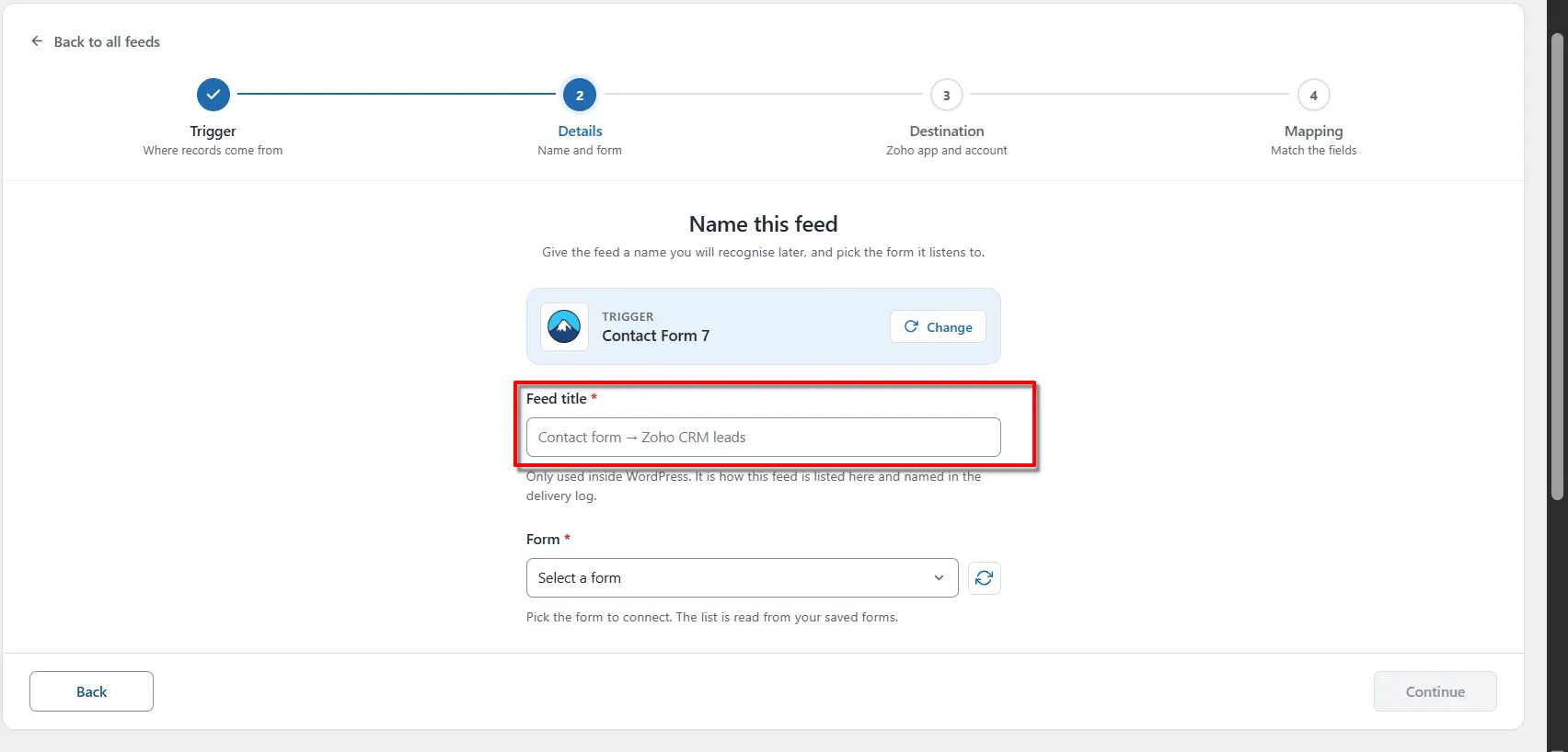 Contact Form 7 Zoho Integration: Send Form Data to Zoho 3 Feed title field on the add feed screen in FormBridge for Zoho