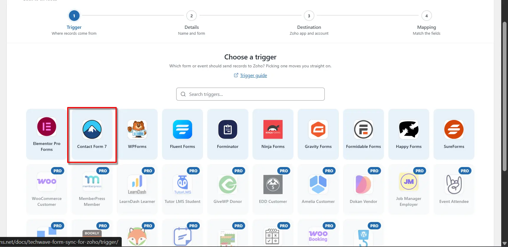 Contact Form 7 Zoho Integration: Send Form Data to Zoho 2 Contact Form 7 selected as the trigger app in FormBridge for Zoho