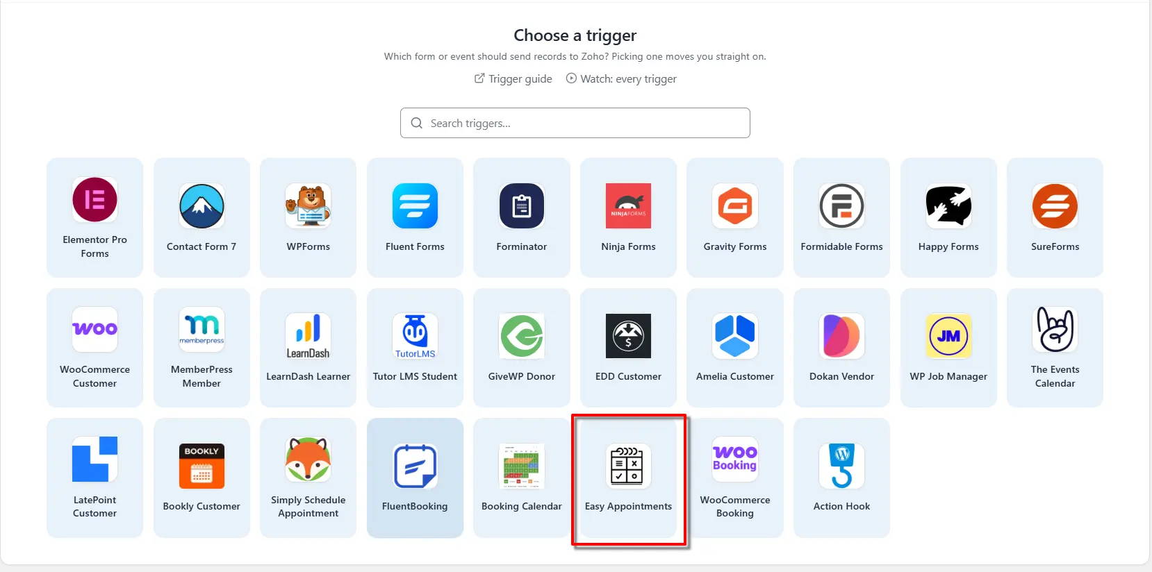 Easy Appointments Zoho Integration: Send Booking Data to Zoho 2 Easy Appointments selected as the trigger app in FormBridge for Zoho