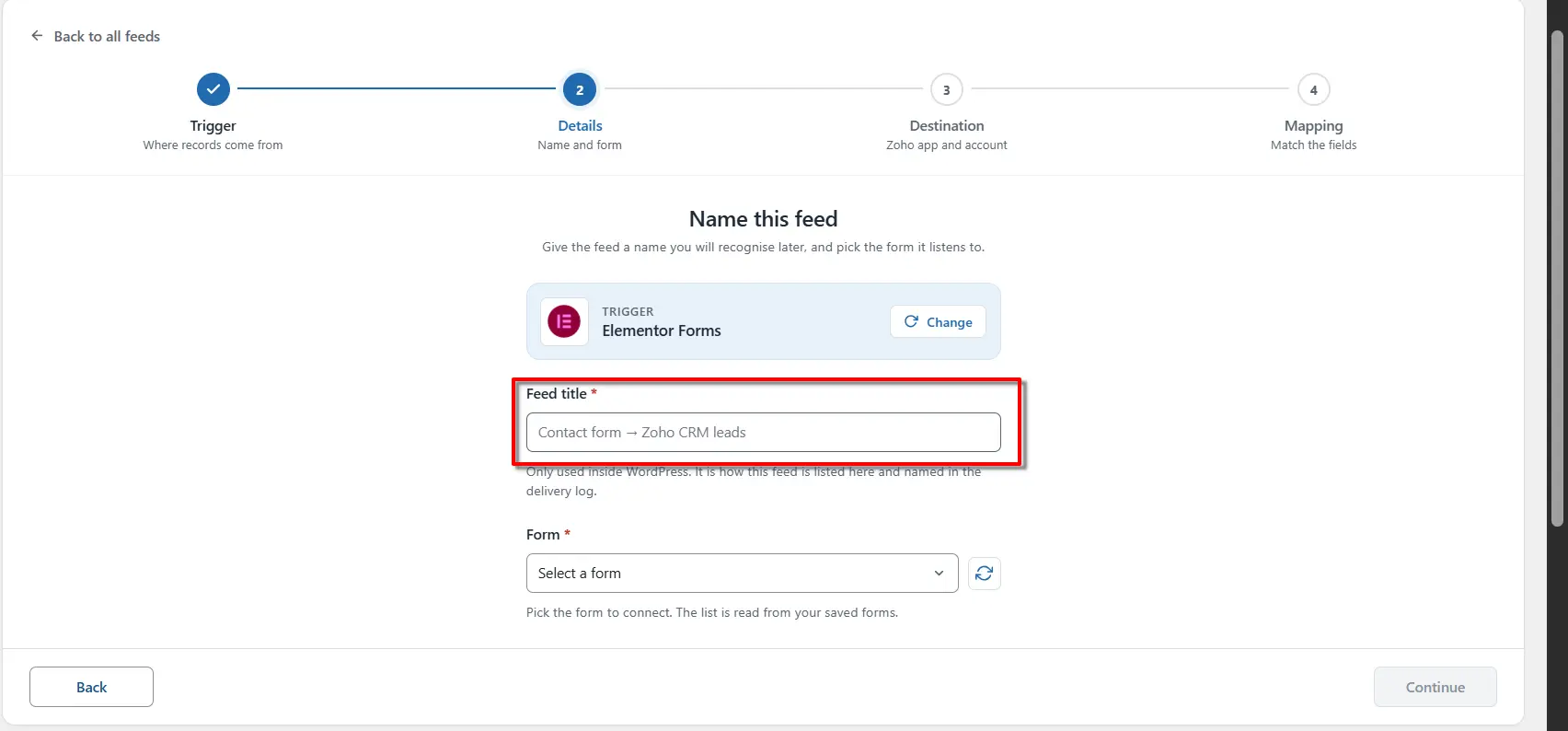 Elementor Forms 3 Feed title field on the add feed screen in FormBridge for Zoho