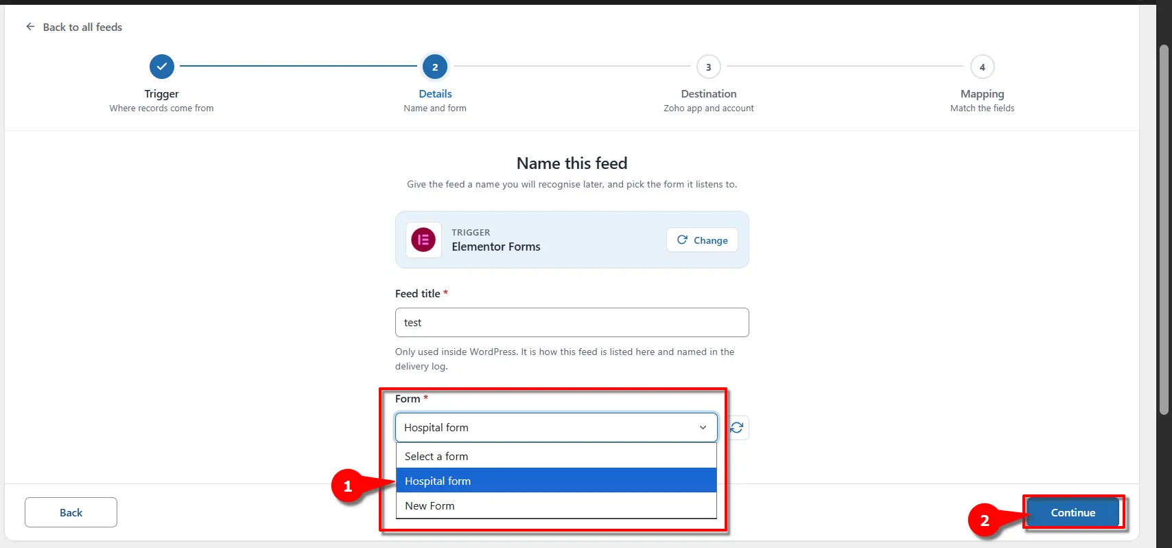 Elementor Forms 4 Selecting an Elementor Pro form from the form dropdown in FormBridge for Zoho