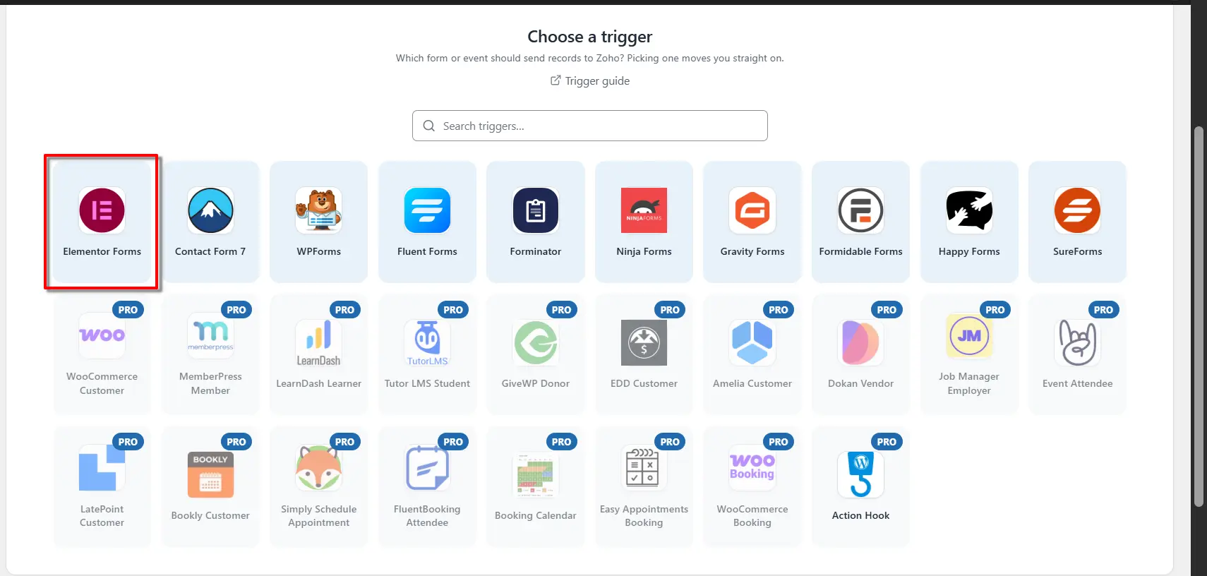 Elementor Forms 2 Elementor Pro Forms selected as the trigger app in FormBridge for Zoho