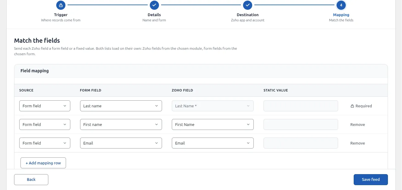 Mapping WordPress form fields to Zoho CRM fields in FormBridge