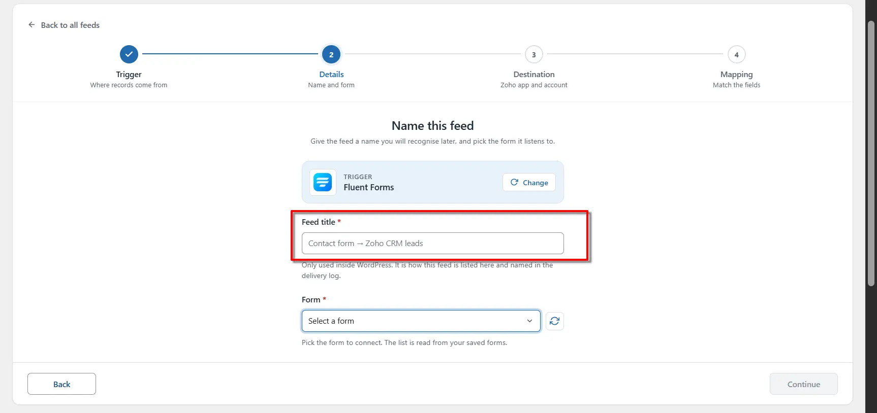Fluent Forms 3 Feed title field on the add feed screen in FormBridge for Zoho