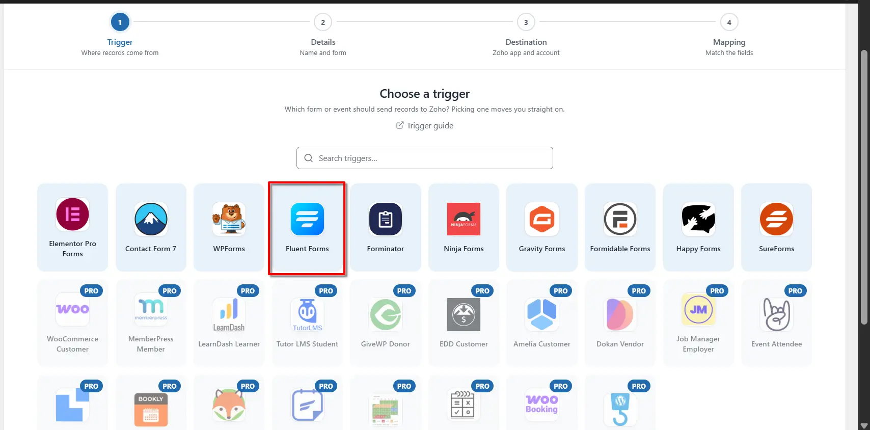 Fluent Forms 2 Fluent Forms selected as the trigger app in FormBridge for Zoho