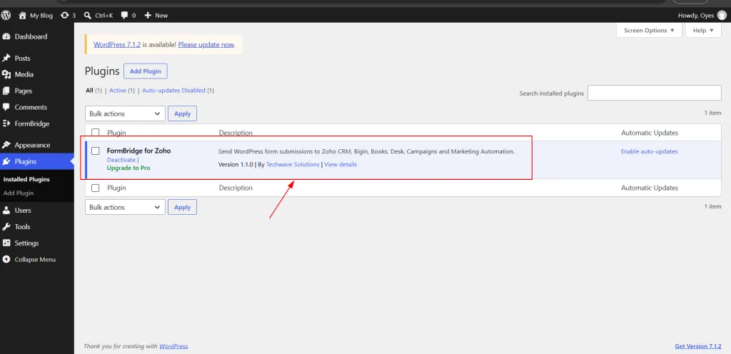 FormBridge for Zoho active in the WordPress installed plugins list