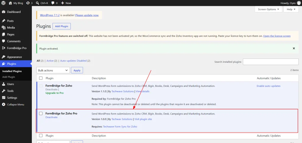 FormBridge for Zoho Pro and the free plugin active in the WordPress plugins list