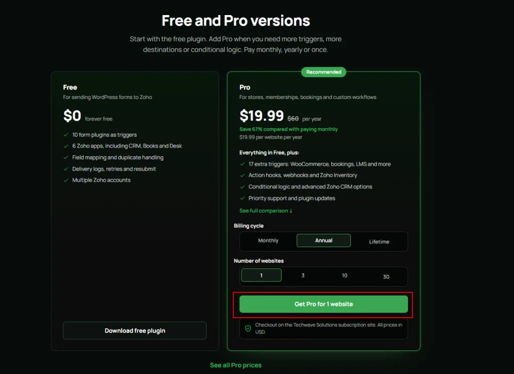 FormBridge for Zoho Pro pricing plans with Buy buttons