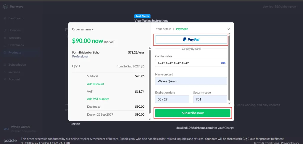 Card and PayPal payment options for a FormBridge for Zoho Pro subscription