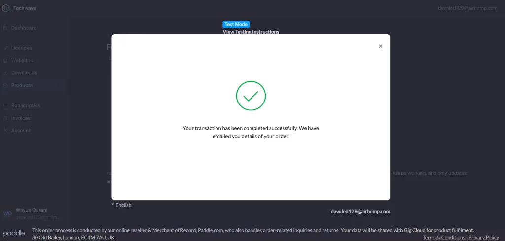Payment success message for a FormBridge for Zoho Pro subscription