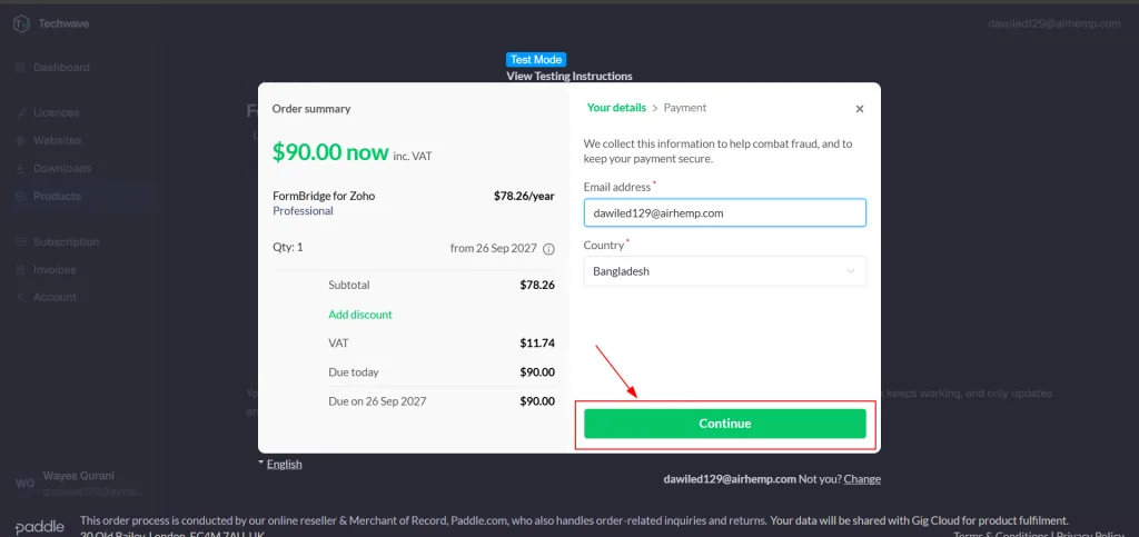 FormBridge for Zoho Pro plan details popup with the Continue button