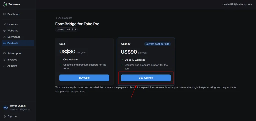 Choosing a FormBridge for Zoho Pro plan and clicking Buy Now