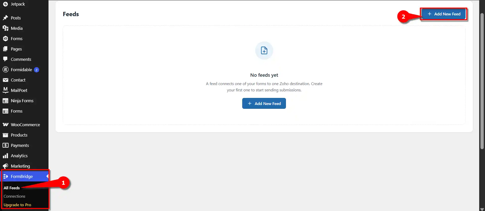 Formidable Forms 1 Add New Feed button on the All Feeds screen of FormBridge for Zoho