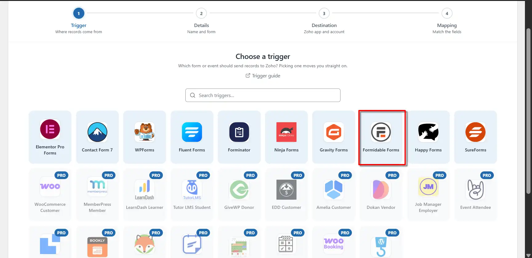 Formidable Forms 2 Formidable Forms selected as the trigger app in FormBridge for Zoho