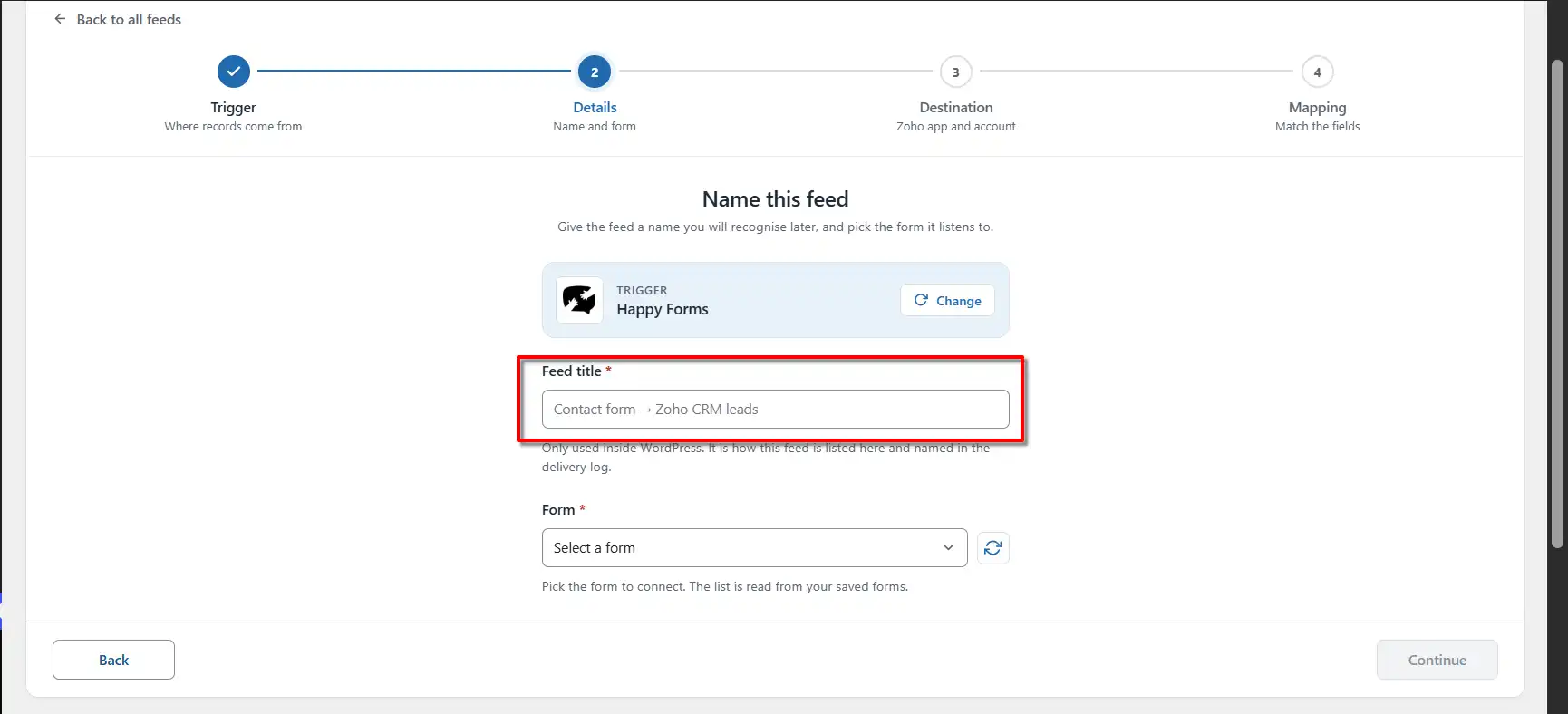 HappyForms Zoho Integration: Send Form Data to Zoho 3 Feed title field for a HappyForms to Zoho feed in FormBridge for Zoho