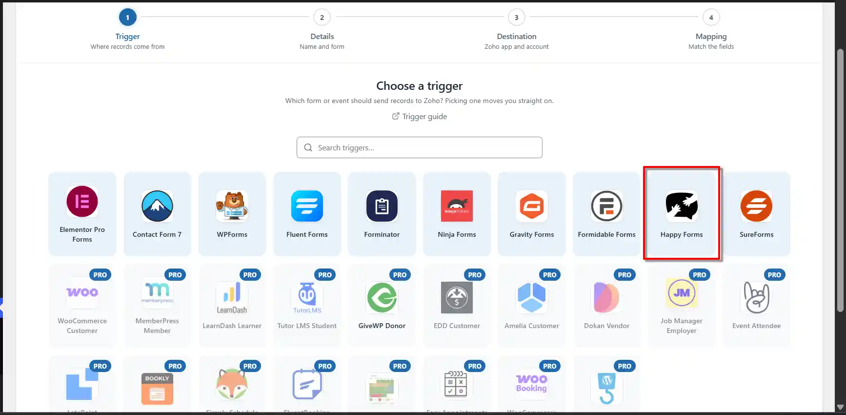 HappyForms Zoho Integration: Send Form Data to Zoho 2 HappyForms selected as the trigger app in FormBridge for Zoho