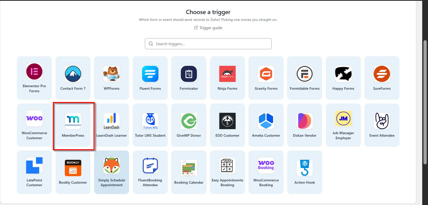 MemberPress Zoho Integration: Send Member Data to Zoho 2 MemberPress Member selected as the trigger in FormBridge for Zoho