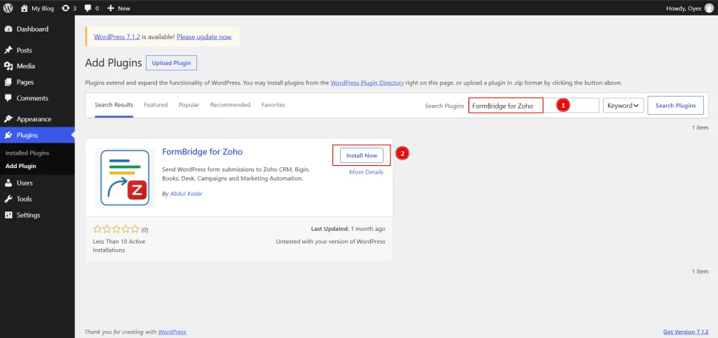Searching for FormBridge for Zoho on the WordPress Add Plugins page