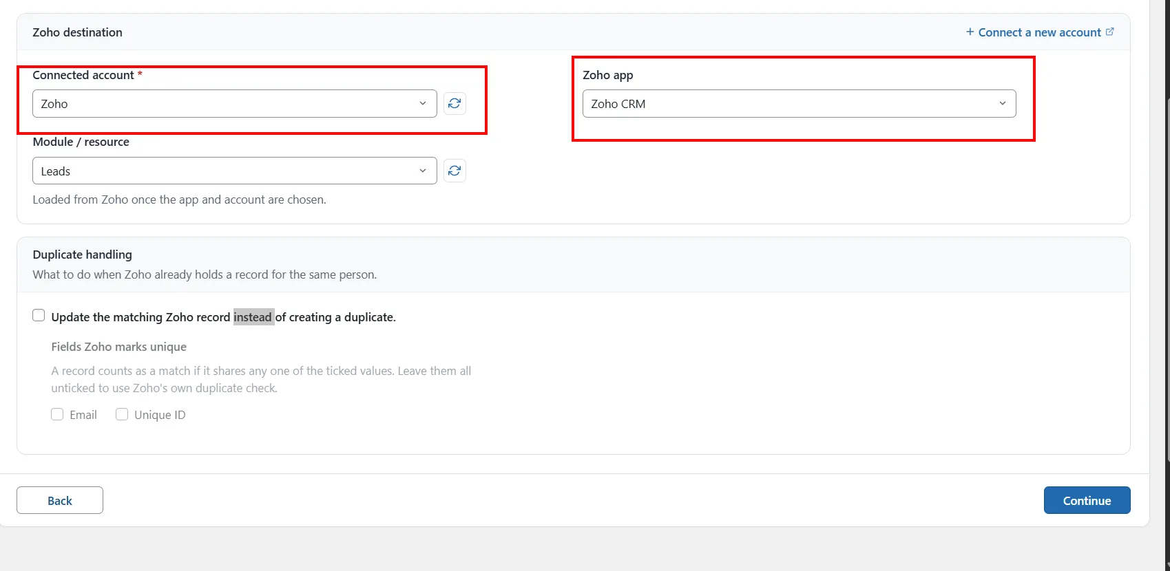WordPress to Zoho CRM Integration 1 Selecting Zoho CRM as the destination – FormBridge for Zoho